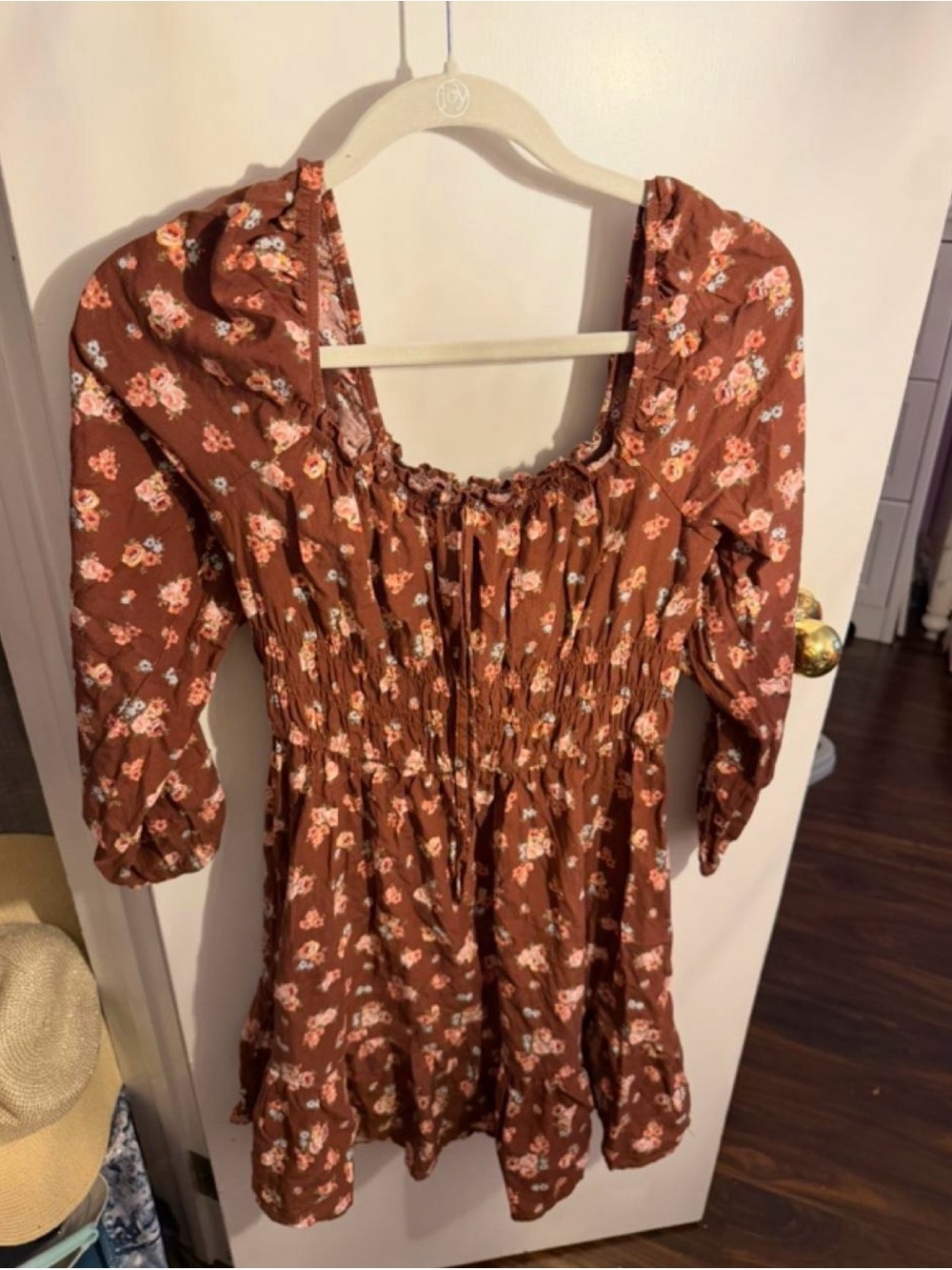 Celebrity Pink Brown Floral Smocked Puff Sleeve Mini Dress Size M